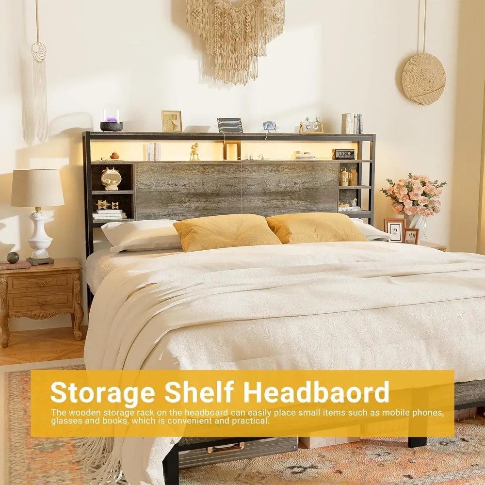 لوح رأسي للتخزين بحجم كينج مع منافذ وإضاءة LED RGB، لوح رأسي سرير متين ومستقر لأسرّة كينج، وظيفة محسنة #6