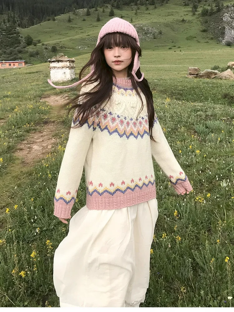 108cm Bust Women Fall Winter Warm Wool Pullovers Sweaters Elegant Loose Vintage Iceland Fair Isle O-Neck Knitted Sweaters