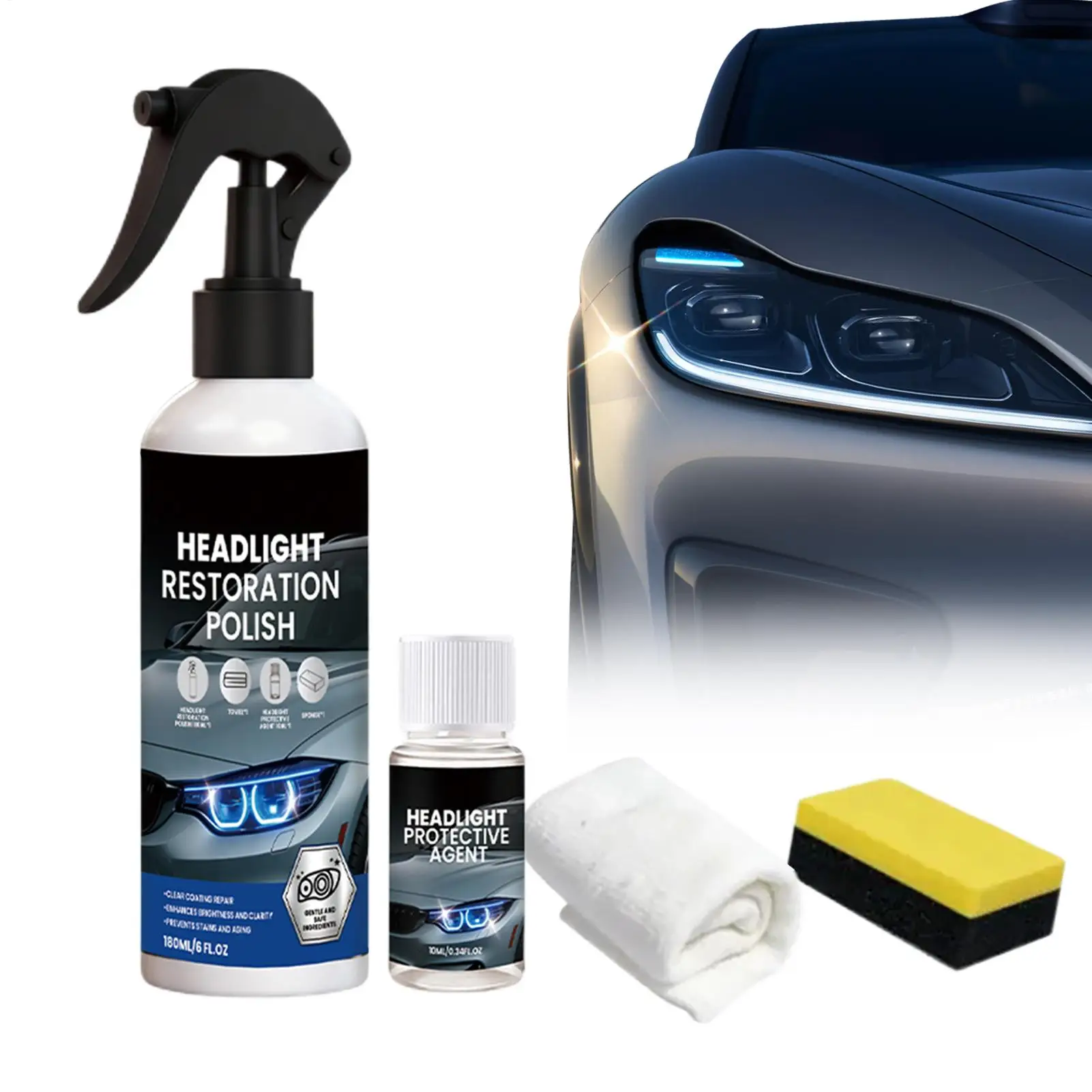 Headlight Restore Kit 180ml Yellowing Removal Fast-Acting Headlamp Coating Refurbishment Kit for Vehicles SUV RV Sedan Pickup
