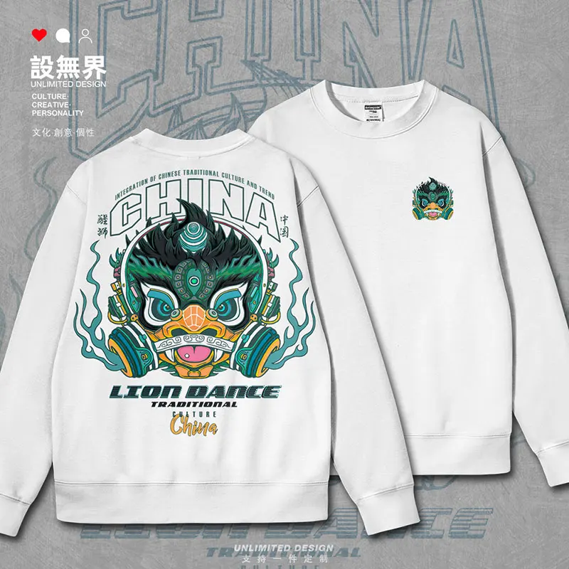 Original Chinese lion dance and lion awakening culture graffiti illustration mens hoodies long sleeve clothes autumn winter