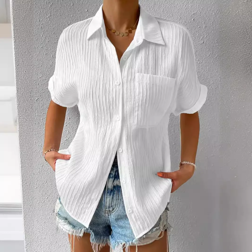 

2025 Women's Clothing Solid Color Spring Summer New Tops Cotton Linen Pocket Short Sleeve Shirts T-Shirts