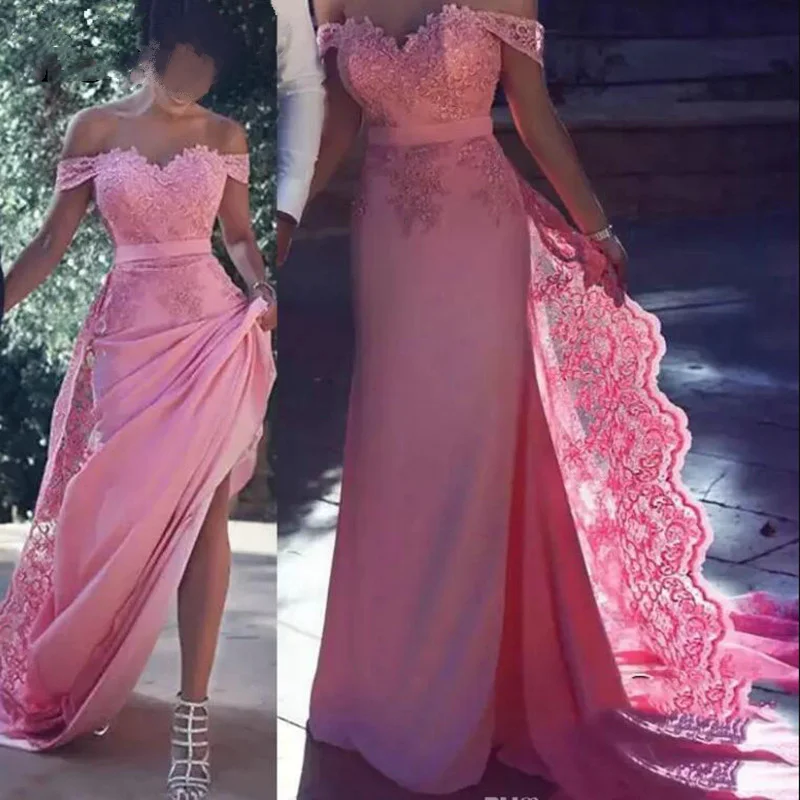 Pink Satin Long Evening Dresses Off Shoulder With Lace Applique Wedding Guest Dresses Back Zipper Sweetheat Train Prom Gowns