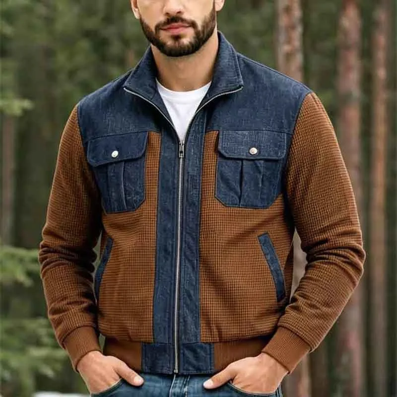 KIDWHXR Men Jacket Autumn Fashion Contrast Color Patchwork Pocket Male Outerwear Outdoor Casual Stand Collar Man Cargo Coat