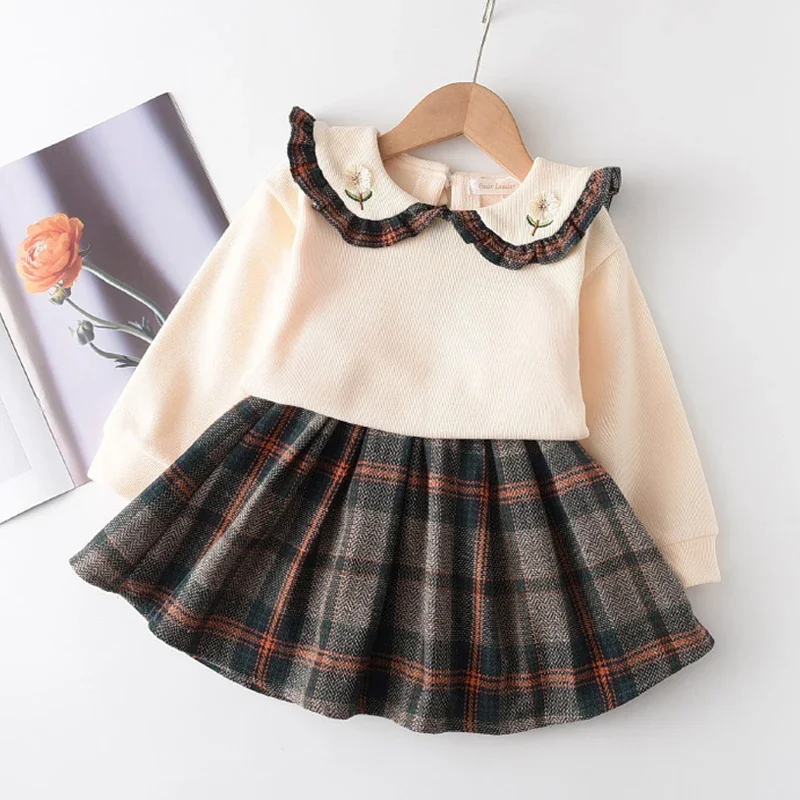 Children Woolen Outerwear Autumn Children Skirt Small Fragrance Style Girls Coat Mesh Skirt Tide 2PCS Toddler Girl Clothes Sets