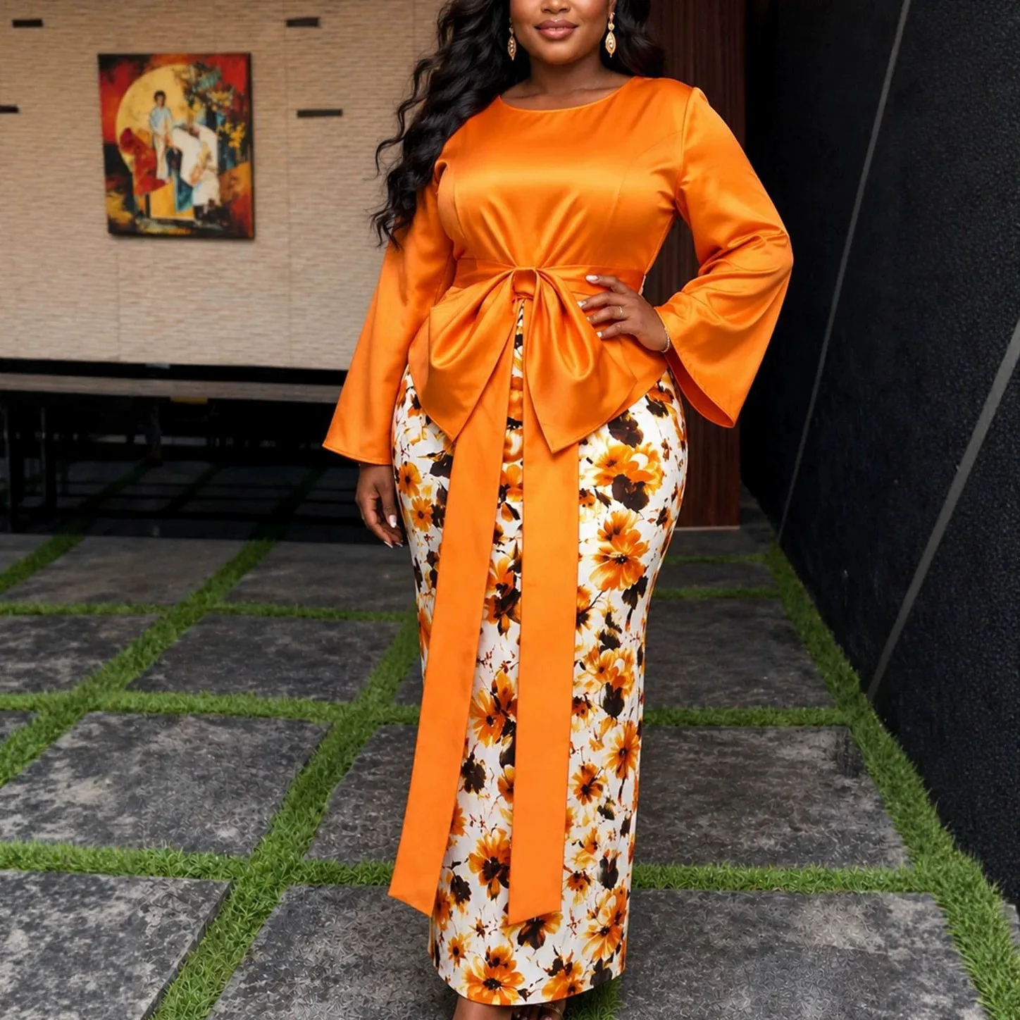 Plus-size Women's Orange Satine Bow Long Clothes, Printed Elegant Clothes For Parts And Banquets Lace Maxi Sexy