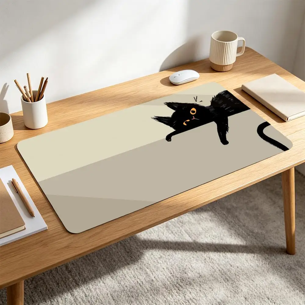 Cute Black Cat Desk Mat Large Non-slip Gaming Mouse Pad XXL Kawaii Minimalist Cat Print Deskmat for Office Keyboard