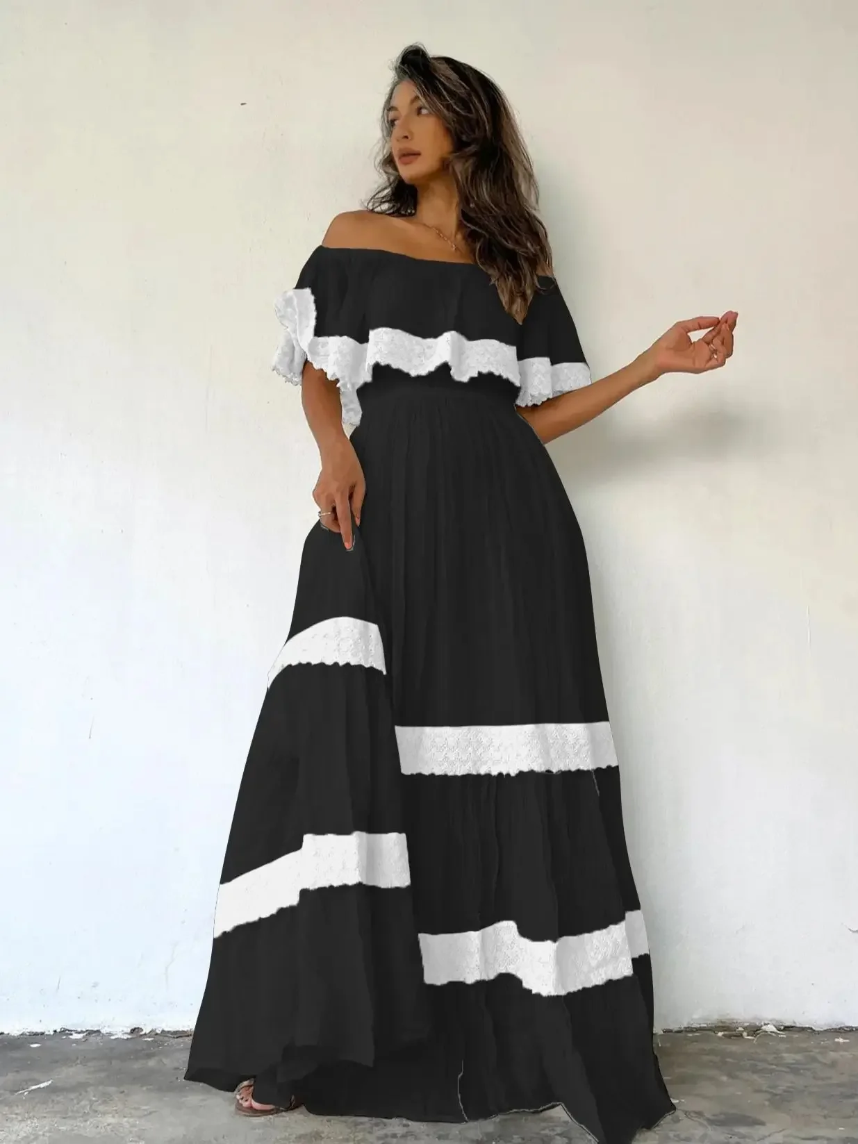 Abito lungo da donna Boho Summer Elegante a vita alta con spalle scoperte Patchwork in pizzo Vintage Beach Party Holiday Abiti lunghi