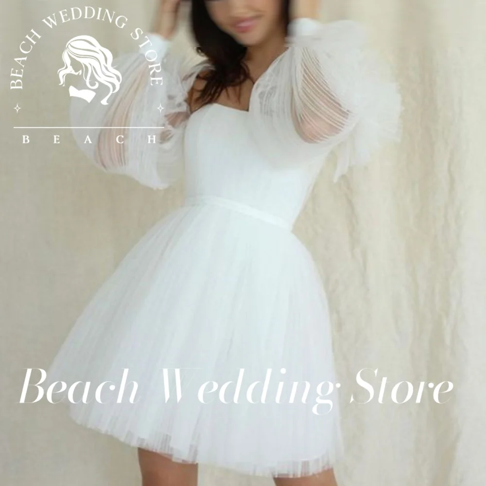 

Beach Customized Long Puff Sleeve A-line Short Wedding Princess Off The Shoulder Pleats Mini Ball Above Knee Lace Up Bride Dress