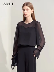 Amii Minimalism 2024 Summer New Shirts & Blouses Elegant Commuter O-Neck See-through Splicing Chiffon Shirt Women's Top 12442223