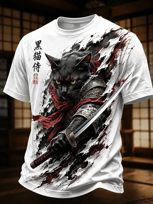 New Men's 3D Black Cat Samurai Japanese Art Print T-shirt Fashion Cool Short Sleeve t shirts Casual Harajuku Top Summer Clothing