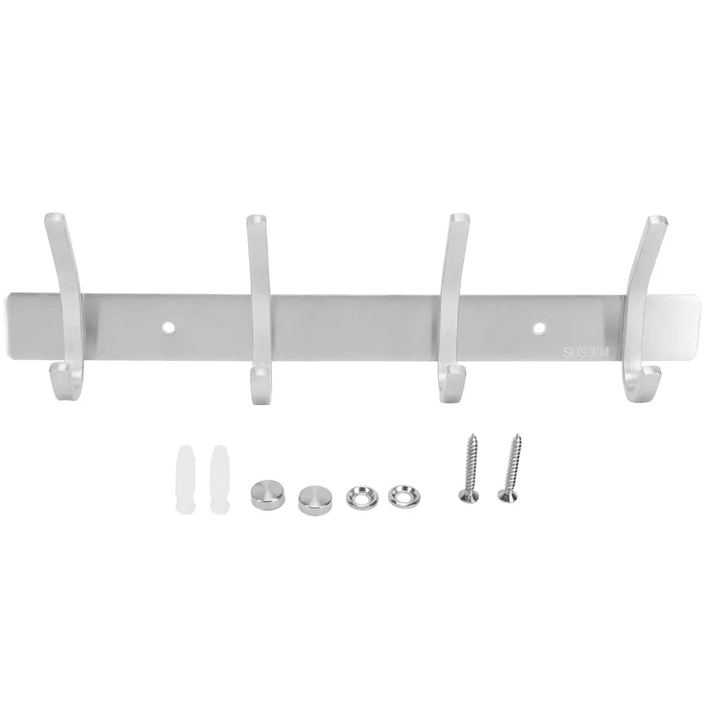 Practical Stainless Steel Wall Hanger 4 Hooks Wall Mounted Coat Rack Durable Silver Towel Rack Home Office