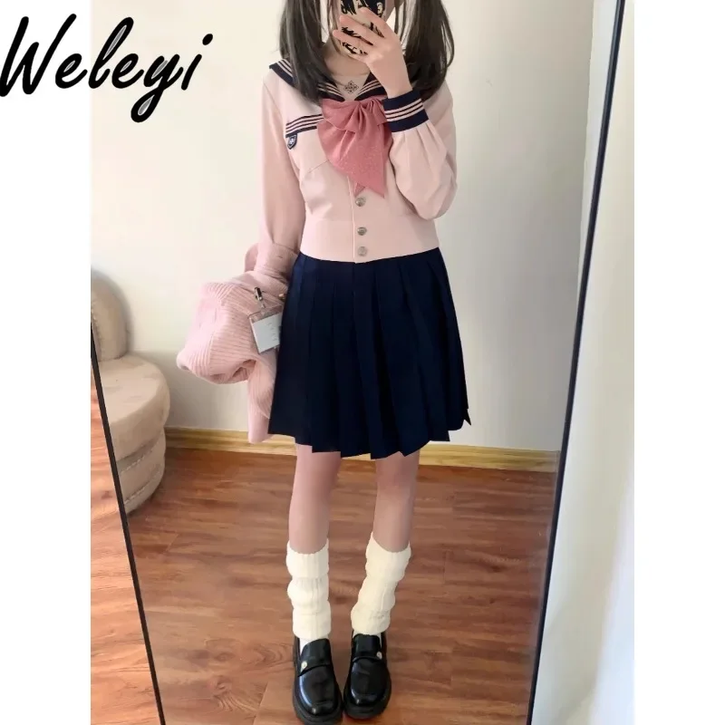 

Women's Japanese Original Jirai Kei Uniform Suit College Style Cyanotic Pink Sailor Kawaii Set Top High Waist Pleated Skirt Sets