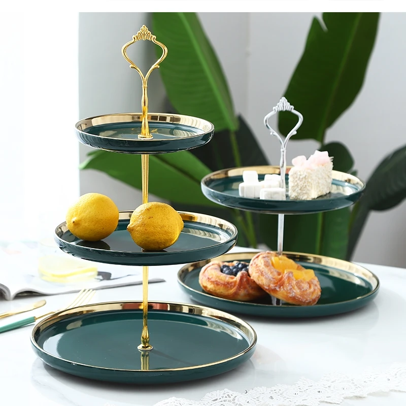 Simple Art Ceramic Green Double Fruit Snack Rack Modern Luxury Phnom Penh Three Layer Candy Cake Tray Afternoon Tea Dessert