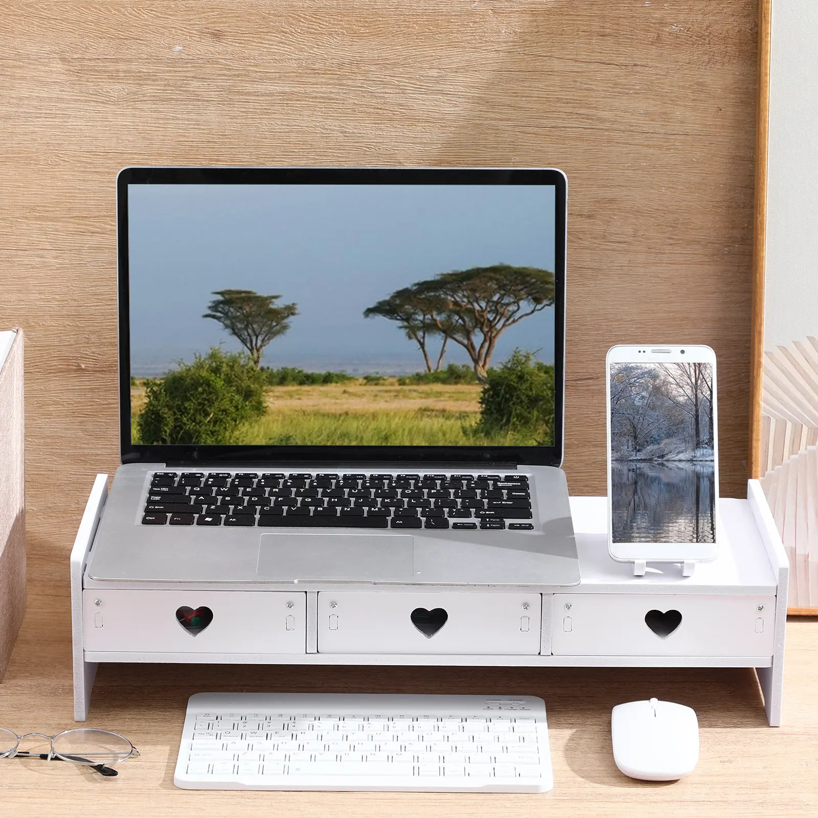 Desk Monitor Riser with Sliding Drawer Storage Space for Keyboard and Accessories Minimalist Office Desktop Organizer PVC