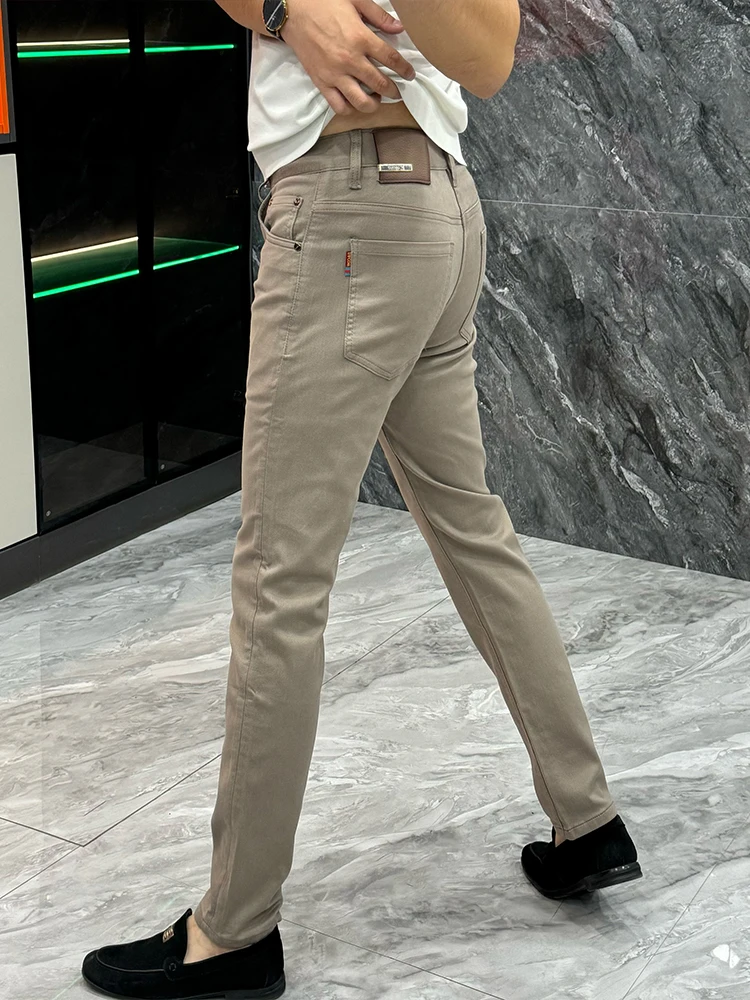 

Мужские джинсы Slim Fit из денима, осенне-зимние, новые, простые, деловые, длинные брюки, однотонные, чистый стиль, повседневные, зауженные к низу