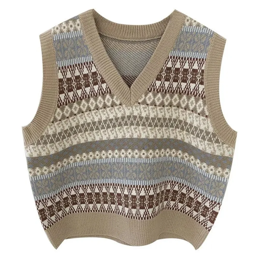 Loose Oversized Tops Autumn Basic Vintage Pullovers Jumper Female Street Wear Geometric Knitted Vest Sleeveless Sweater Women