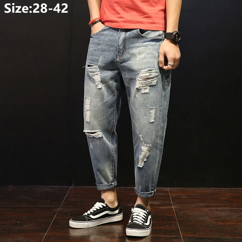 

Ripped Jeans Men Summer Ankle Length Loose Harem Plus Size 42 40 38 Scratched Beggar Pants Hip Hop Holes Denim Trousers Outwears