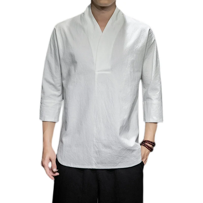 Camisas de lino de estilo chino para hombre, camisas de Kimono de tres cuartos con cuello en V, ropa de calle tradicional, Jersey sólido