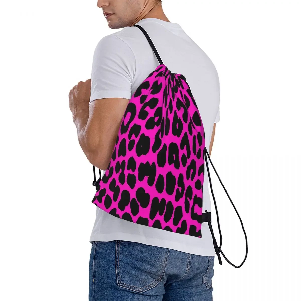 Leopard Pattern  Backpacks Portable Drawstring Bags Drawstring Bundle Pocket Sundries Bag BookBag For Travel School