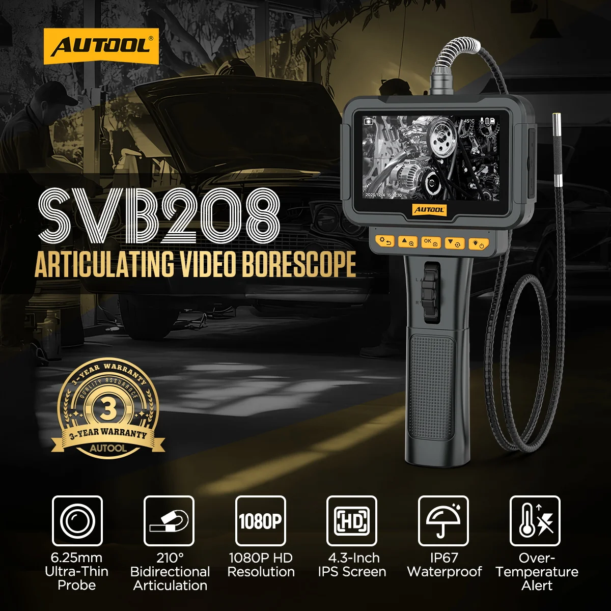 AUTOOL SVB208 6.25mm Probe Automobile Steering Borescope Camera 4.3 Inch 1080P HD Industrial Endoscope Camera Car Repair Tool