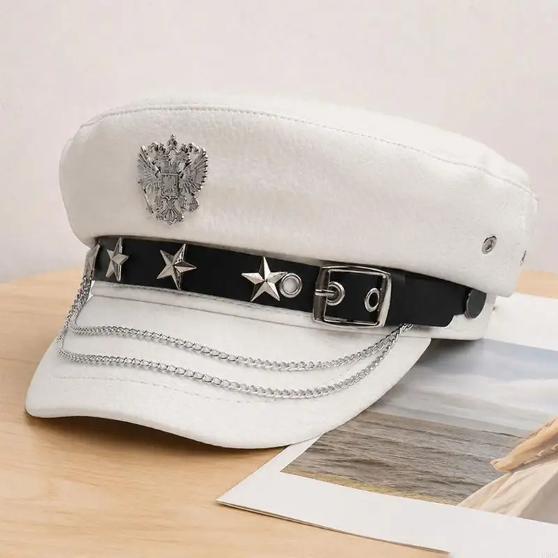 Chain Trim Flat Top Hat for Women Party Wear with PU Leather and Studded Buckles Band, Fashion Cabbie Cap for Casual Outfit Y166