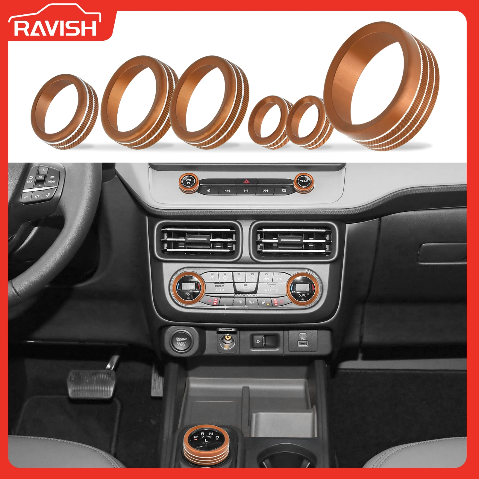 Car Air Condition Knob Audio Volume Control Button Circle Decoration Trim Ring Cover for Ford Maverick 2022-2024 6Pcs Orange