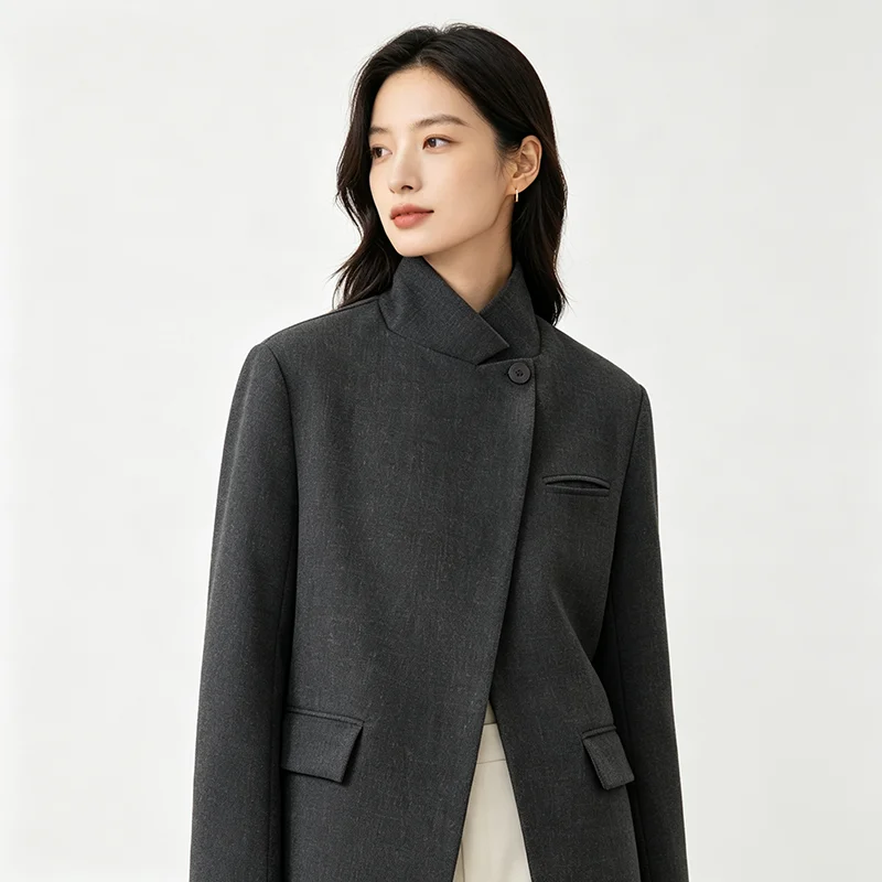 FANAN Women Dark Grey Stand Collar Blazer Asymmetric Single Button Long Sleeve Pockets Loose Minimalist Elegant Office Jacket