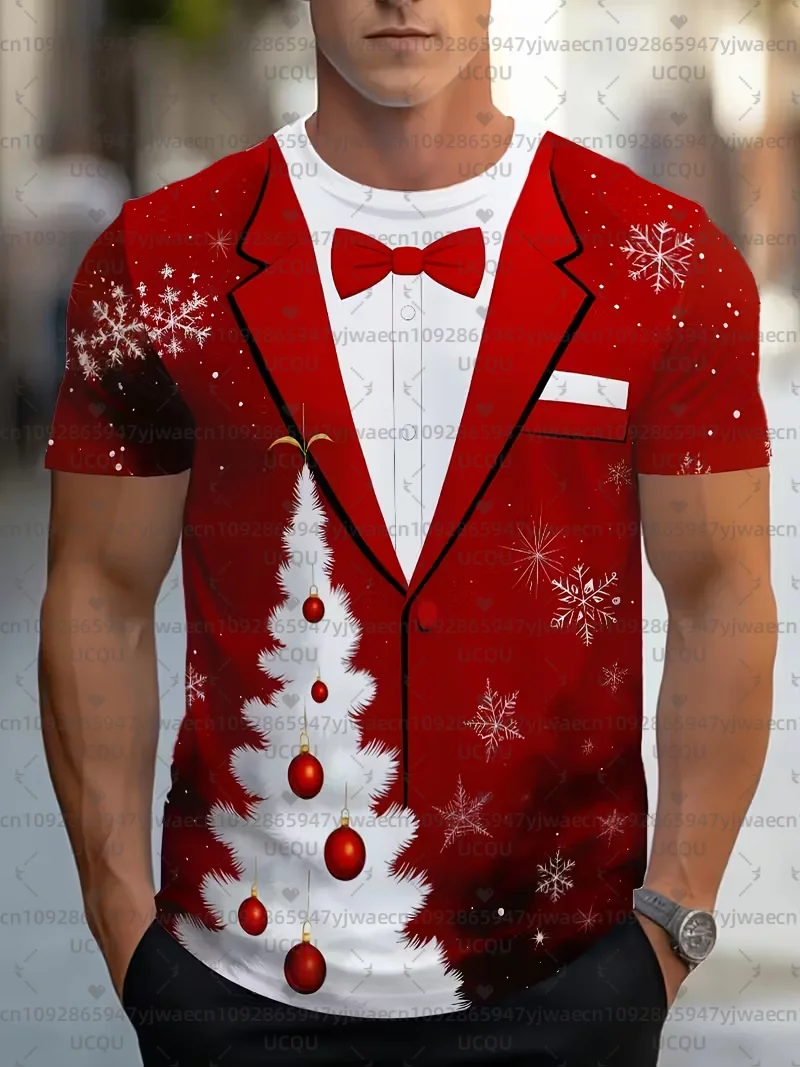 تي شيرت عيد الميلاد المضحك للرجال قميص سهرة أحمر مع نمط رسمي أسود كاجوال وحفلات عيد الميلاد ملابس احتفالية #2