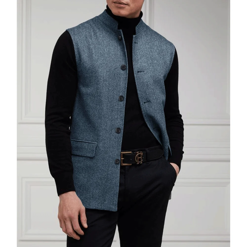 Gilet da uomo colletto alla coreana cappotto senza maniche top abiti Casual per uomo gilet monopetto gilet da uomo autunno a spina di pesce Tweed