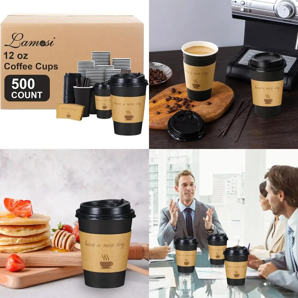 

500 упаковок одноразовых бумажных кофейных чашек емкостью 12 унций с крышками, мешалками и рукавами для горячих напитков на вынос