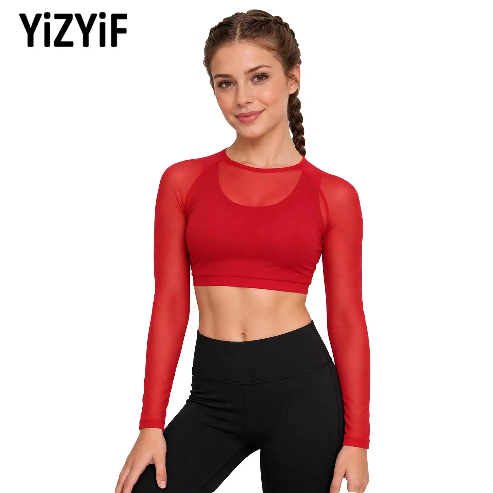 Women Long Sleeve Mesh Crop Top Built-in Vest Hip Hop Dance Sports Tops Trainning Exercise T-shirts Yoga Workout Run Activewear