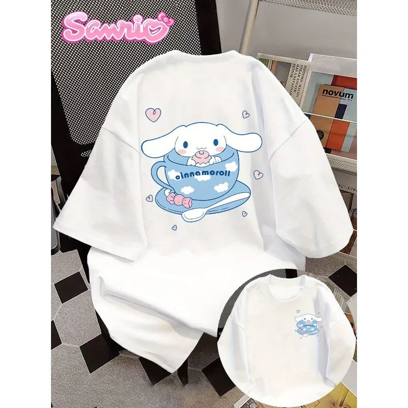 

Sanrio for Hello Kitty Женская повседневная футболка с принтом спереди и сзади Милый мультяшный мягкий кролик и корица с принтом собаки Футболка с круглым вырезом
