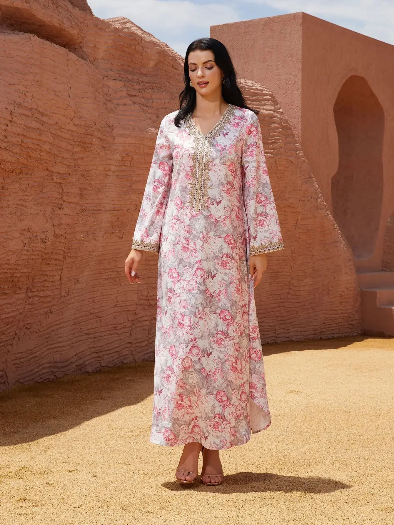 이드 아바야 여성 드레스 무슬림 플로럴 V넥 두바이 베스티도스 라르고스 롱 드레스 카프탄 아랍 로브 파티 카프탄 잘라비야 라마단