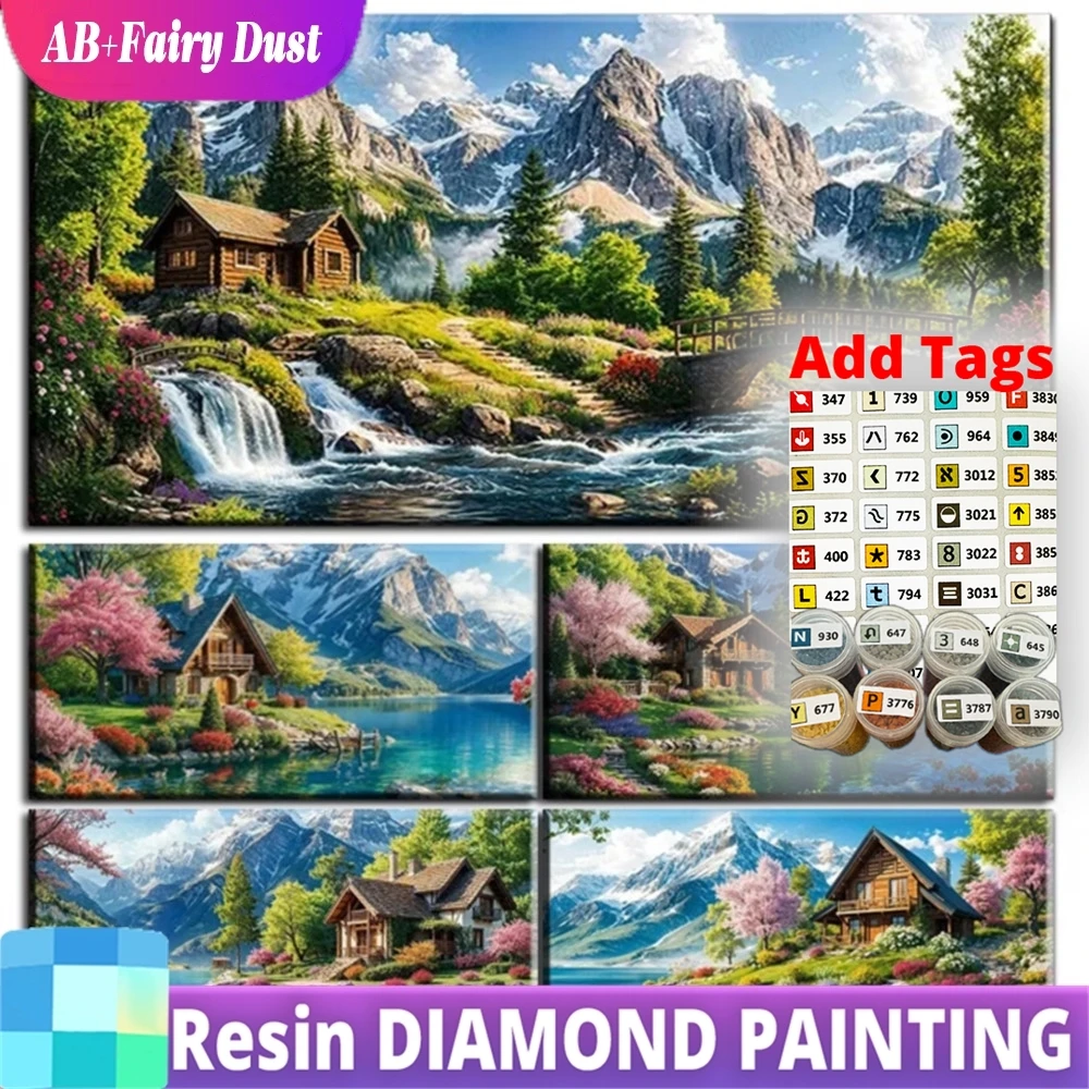 Resin Fairy Dust AB Enchanting Green Tree Mountain Forest Stream Landscape 5D Diamond Art Kits DIY Diamond Painting Full Diamond