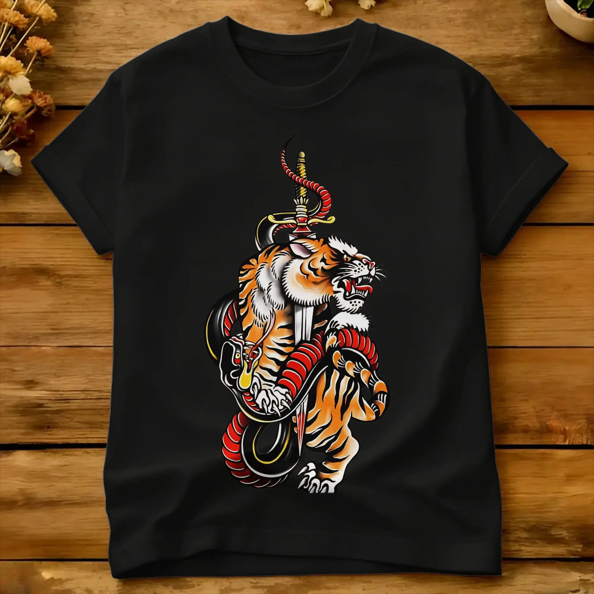 Men Traditional Tiger Fighting Viper Tattoo T Shirt Ed-Hardys 100 Cotton Clothing Summer T Shirt O-Neck Hip Hop Casual Tee Shirt