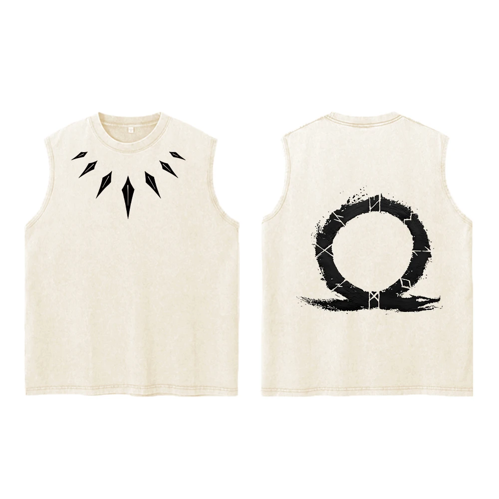 Men's Vintage Washed Vest Stylish Pure Cotton Printed Round Neck Sleeveless Top Summer Trendy Casual Loose Everyday Wear