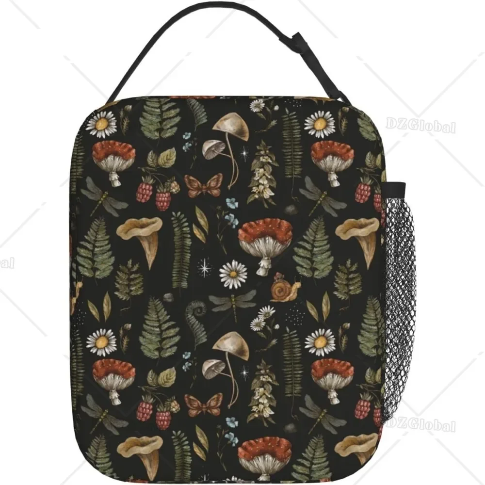 Vintage Mushroom Leaf Forest Insulated Lunch Bag Reusable Thermal Bento Tote Bag with Side Pocket for Work School Picnic Hiking