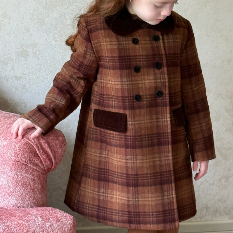 

Пальто для девочек, осень-зима 2022, новая детская одежда, шерстяное пальто с лацканами в британском стиле для девочек