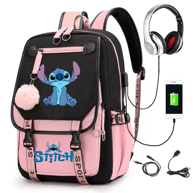 Lilo & Stitch Backpacks USB Waterproof Patchwork Lightweight Bagpack Capacity Laptop School Bags Teenage Travel Bag