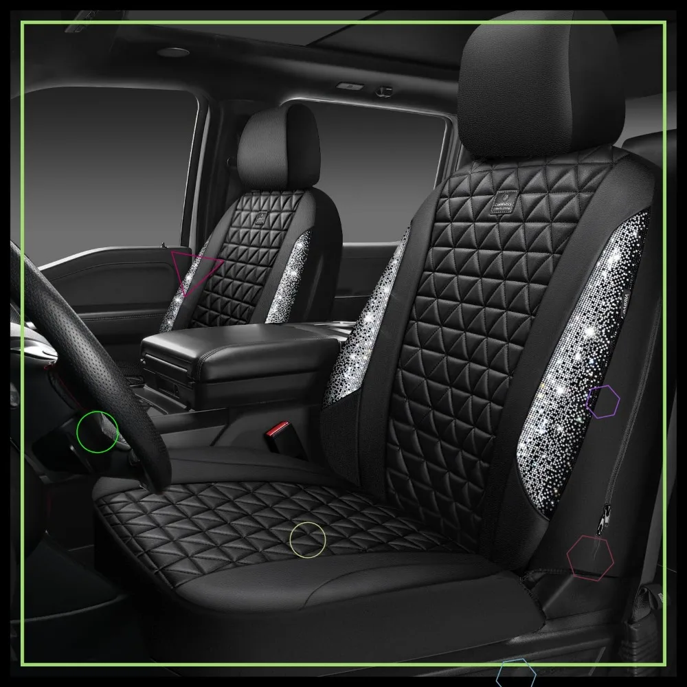

Shiny Diamond Leather Car Seat Covers for Front Seats, Waterproof Sparkly Universal Fit SUV Sedan Truck, Black Silver Rhinestone