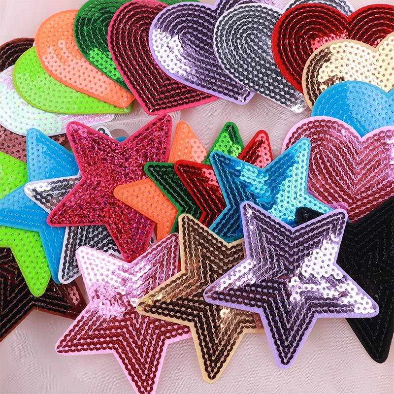 5PCS Sequins Five-Pointed Star/Heart Love Sequins Iron On Embroidered Patches For Clothing Jackets Hats Sewing Stickers Badge