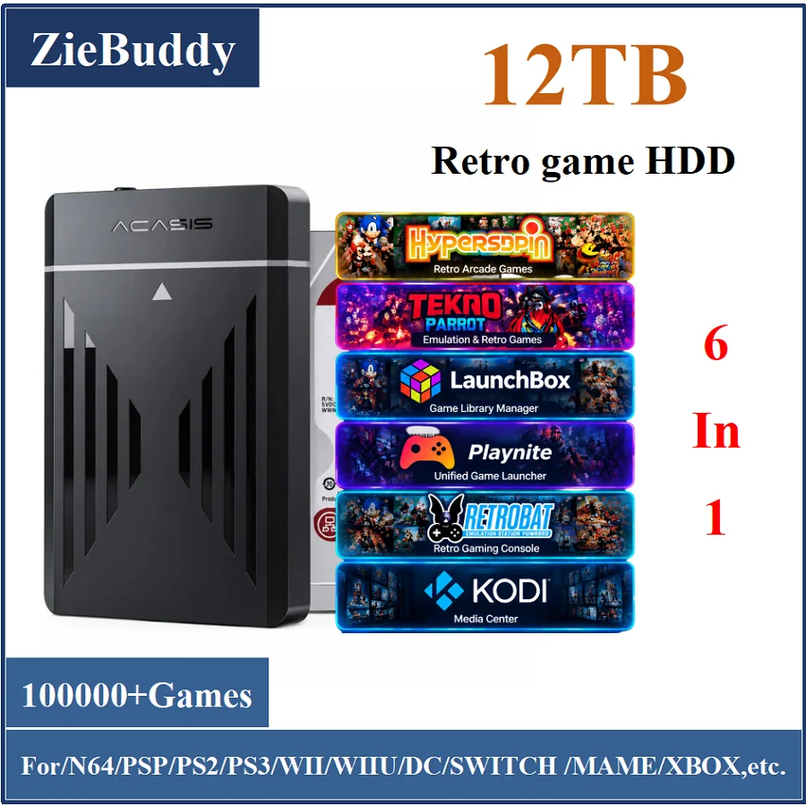 12TB Gaming HDD 10000+ Retro Games 6-in-1 Retro Game Hard Drive LaunchBox RetroBat Playnite Hyperspin Emulators Plug And Play