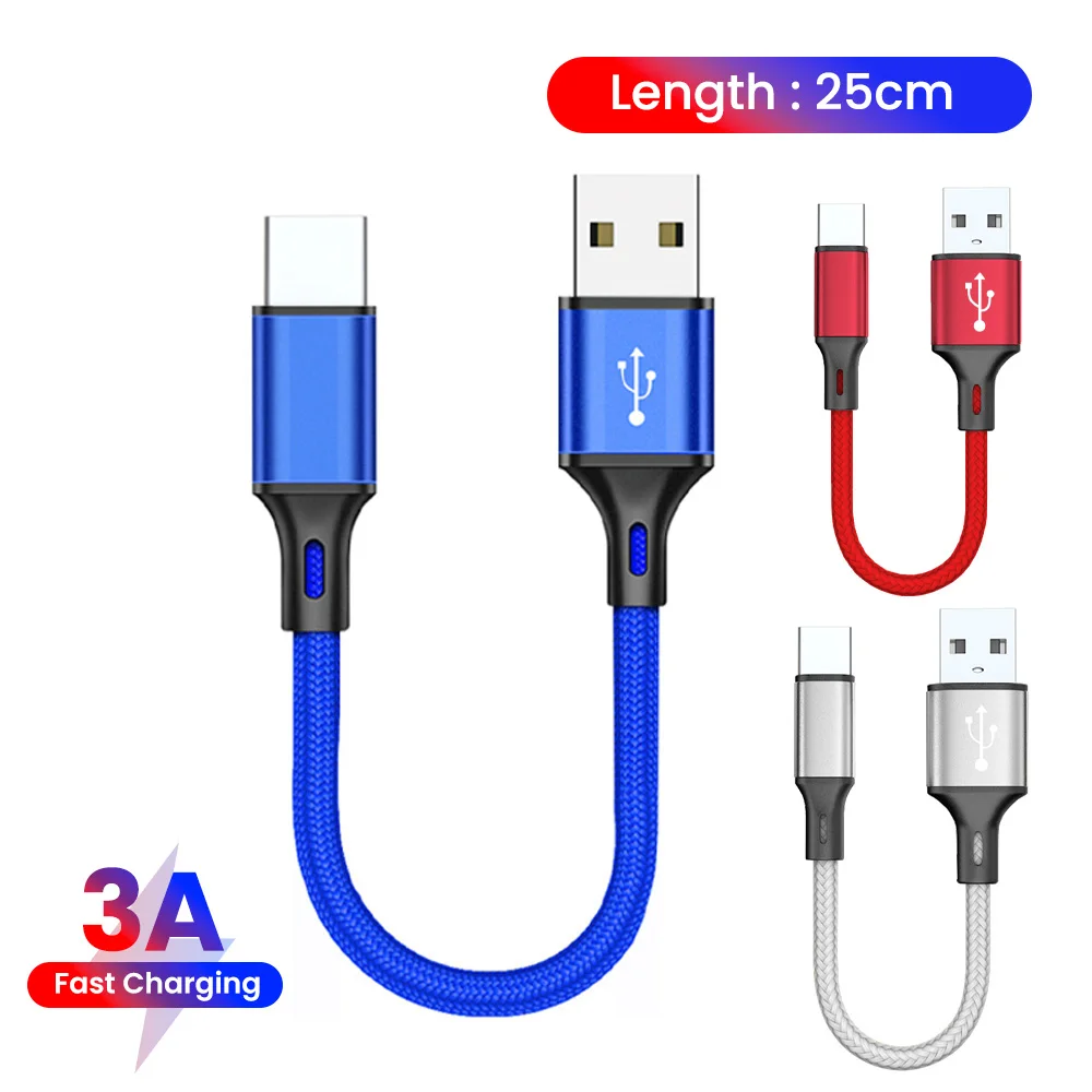 Curto USB Tipo C Cabo, Micro Rápido Cabo de Carregamento, Power Bank Data Cord para Samsung, Huawei, Xiaomi, Nylon Trançado Fio, 3A, 0.25m, 3A