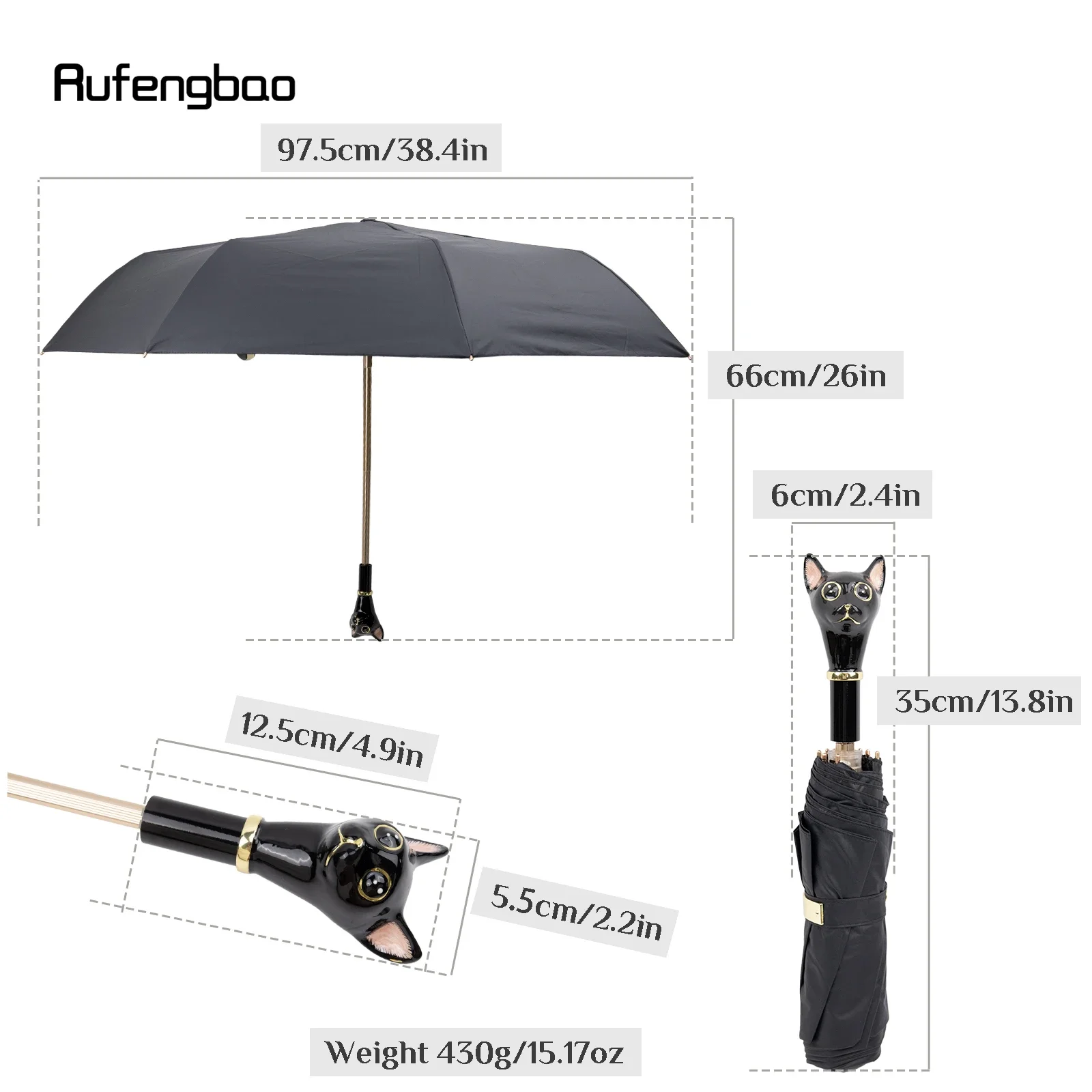 Black Cat Kitten Handle Women Men\'s Umbrella, Automatic Umbrella, Folding UV Protection Sunny and Rainy Days Windproof Umbrella