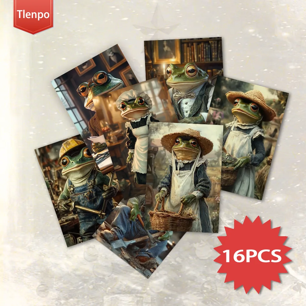 16pcs，Hardworking Professional Frog Postcards, Surreal Style, birthday/anniversary gifts, collectibles, suitable for gift-giving