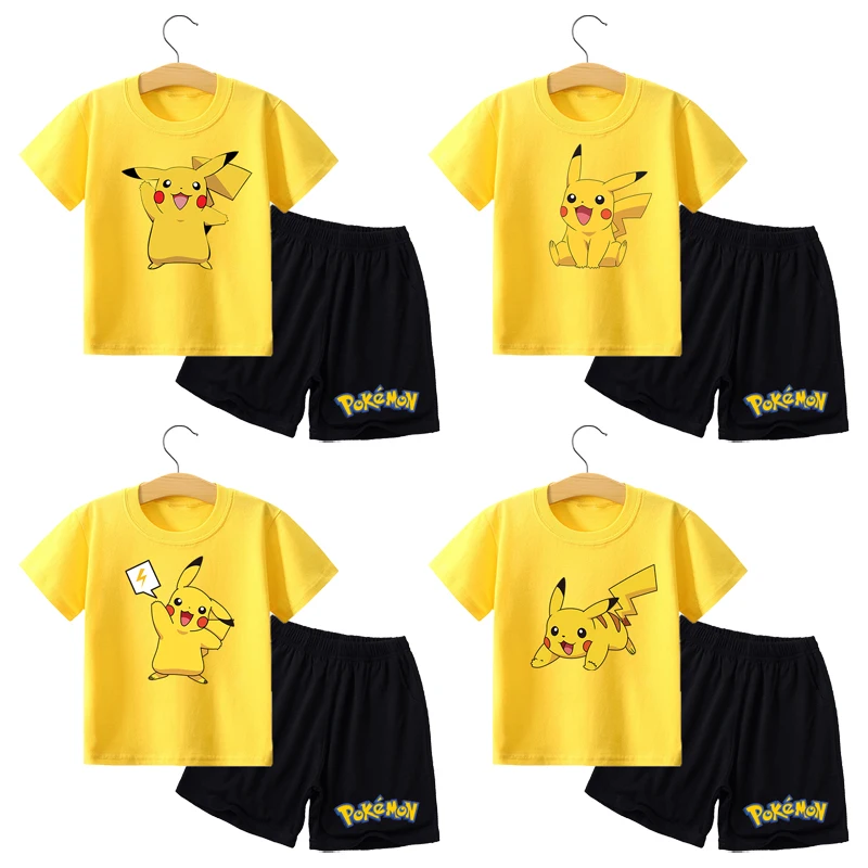 

Pokemon Child T-shirt Set Cartoon Pikachu Print Short Two Piece Suit Boys Girls Summer Casual Clothing Kawaii Kids Wear Gifts