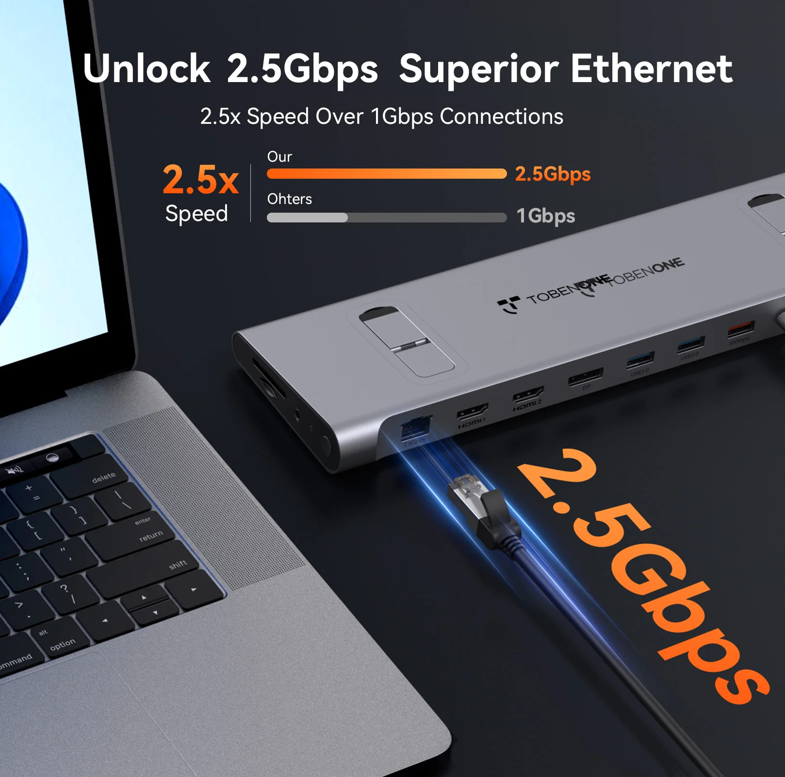 حامل محطة إرساء TobenONE USB C يدعم شاشة 4K مزدوجة/ثلاثية مع مصدر طاقة 100 وات Gan III وإيثرنت بسرعة 2.5 جيجابت في الثانية