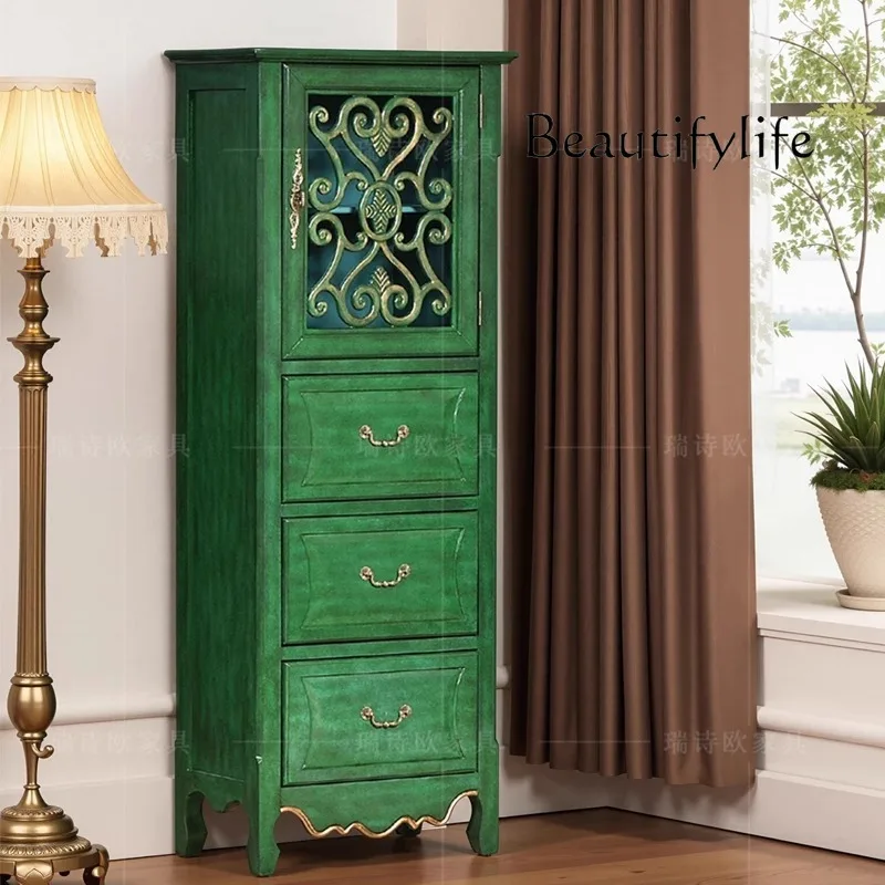 

American rural solid wood dining side cabinet retro hollow storage wine cabinet Mediterranean style living room storage