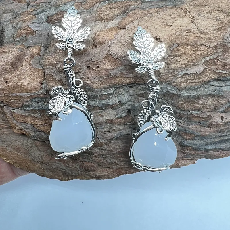 vintage water droplets white stone earrings silver color metal carved leaves long dangle earrings for women