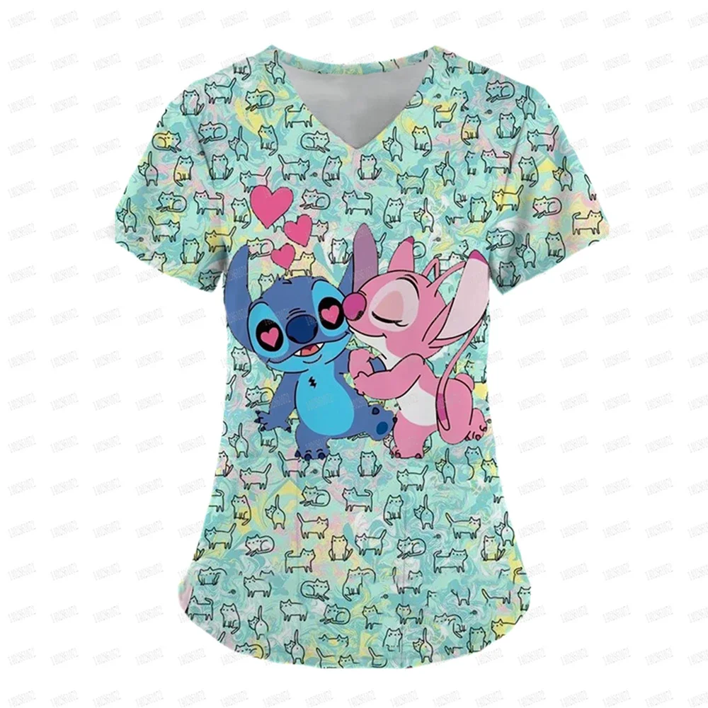 ナース制服トップス V ネック Tシャツディズニーステッチ病院女性服ポケットトップ女性 2025 夏の Tシャツシャツ Tシャツ Tシャツ